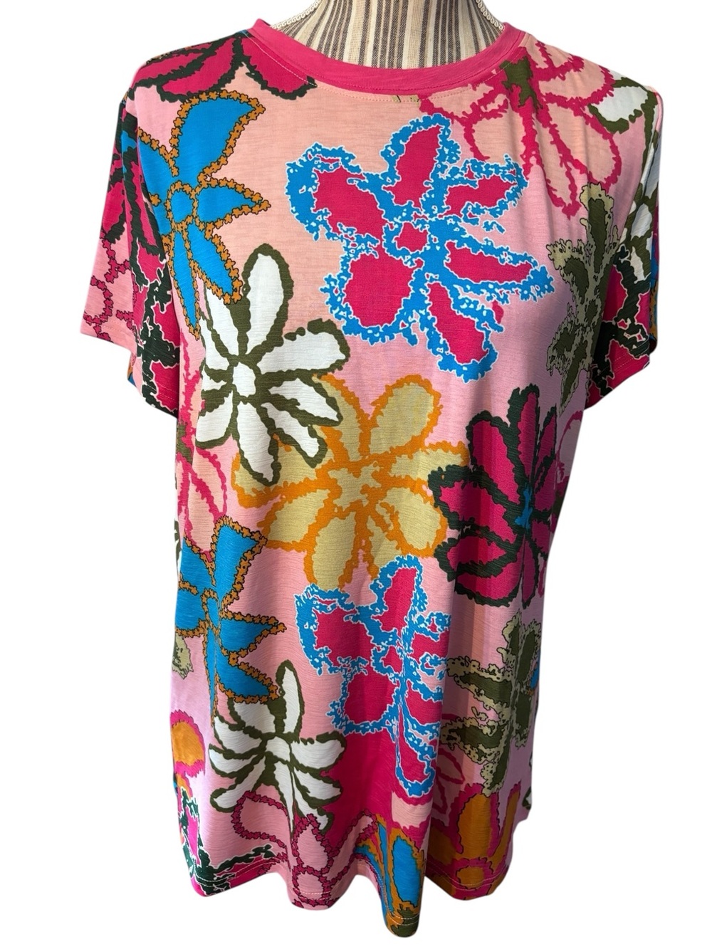 Pink Floral Top Large Short Sleeves Crewneck Retro Flowers Stretchy Comfy